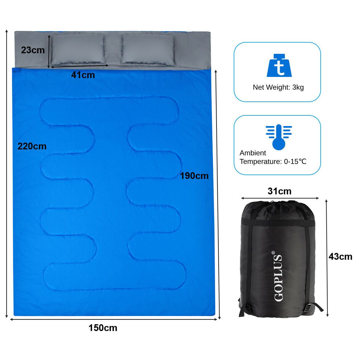 Extra Large Waterproof Double Sleeping Bag with Carrying Bag