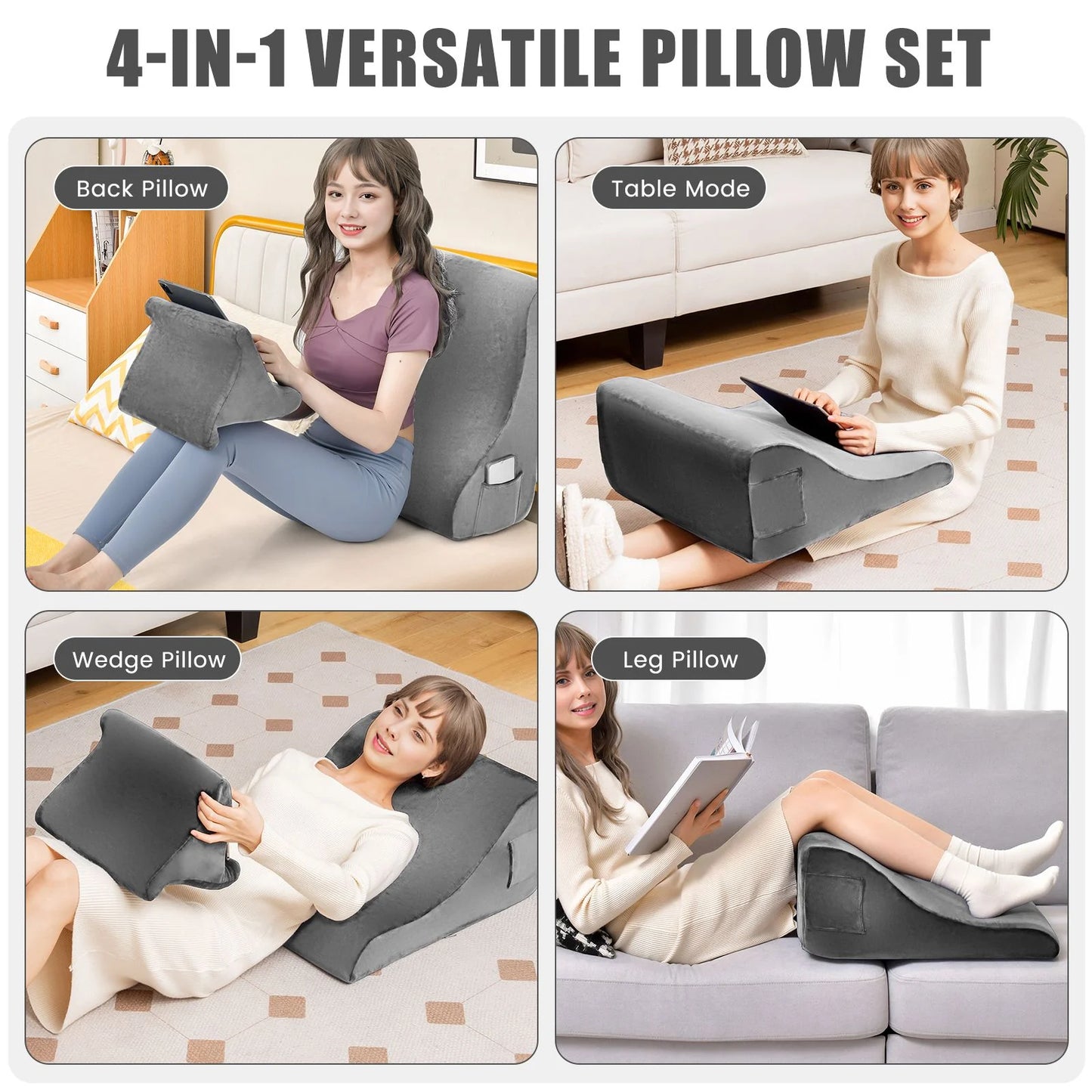 Wedge Pillow Set with Integrated Tablet Stand and Side Pockets
