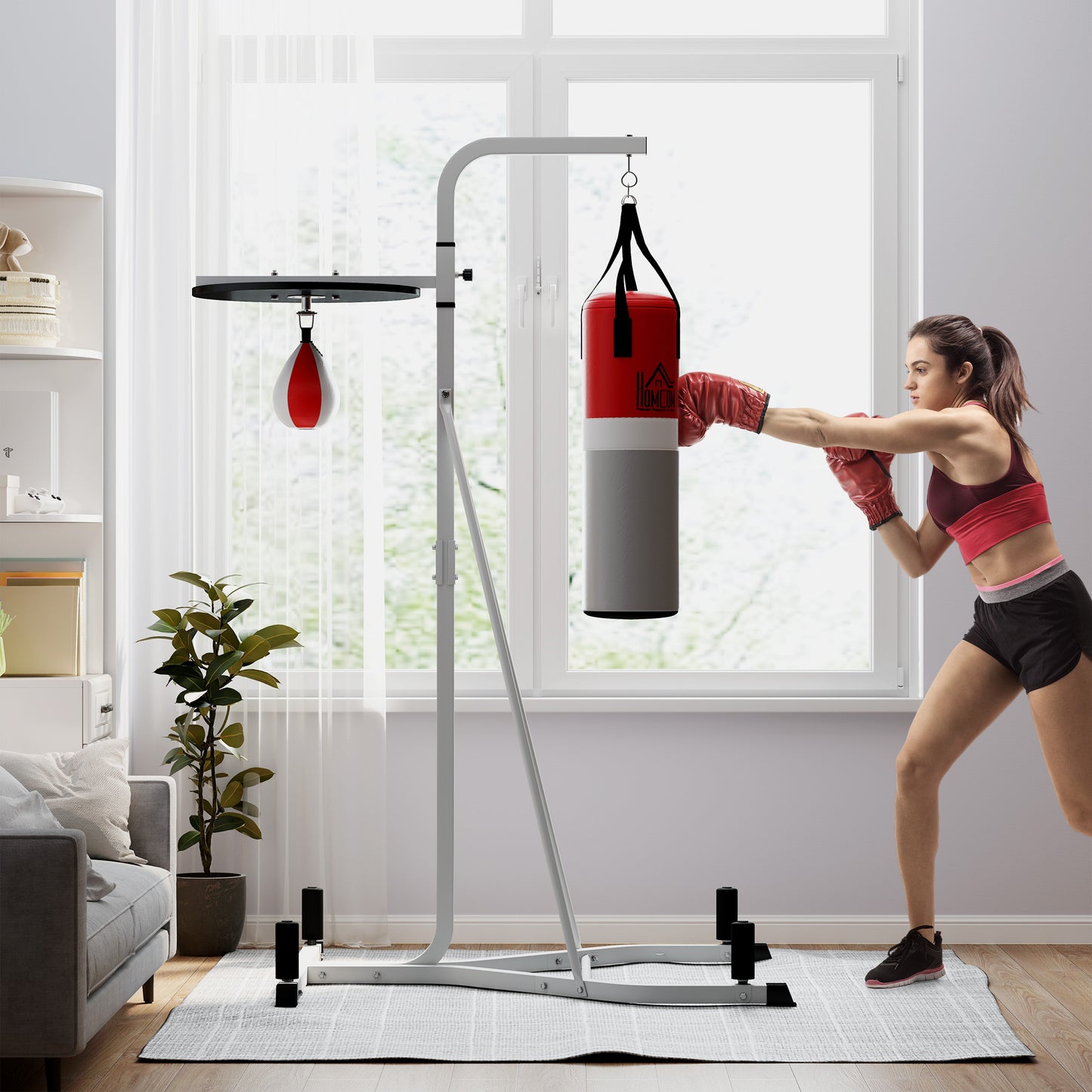 HOMCOM Freestanding Boxing Station with Punch Bag & Speedball – Adjustable Training Frame, Whiteite