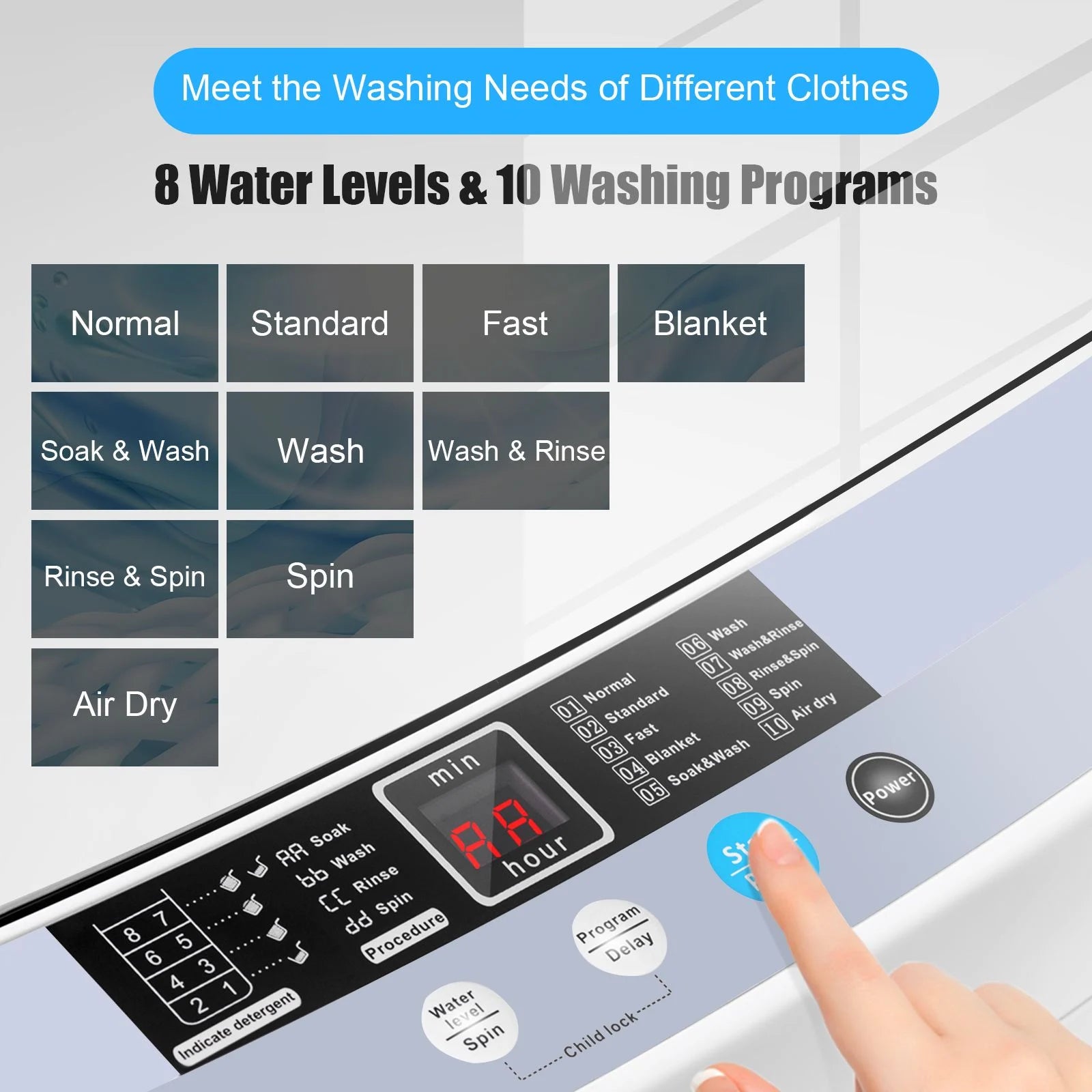 Portable Washing Machine Featuring 8 Water Levels and 10 Washing Programs