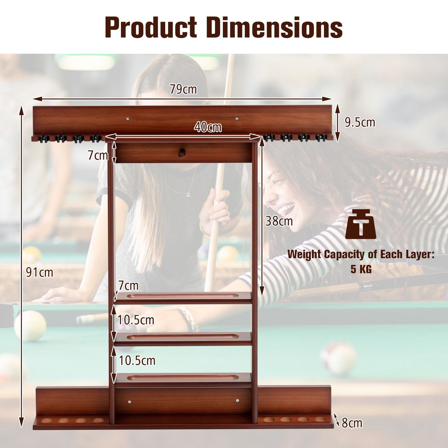 Wall-Mounted Pool Cue Rack for Billiards