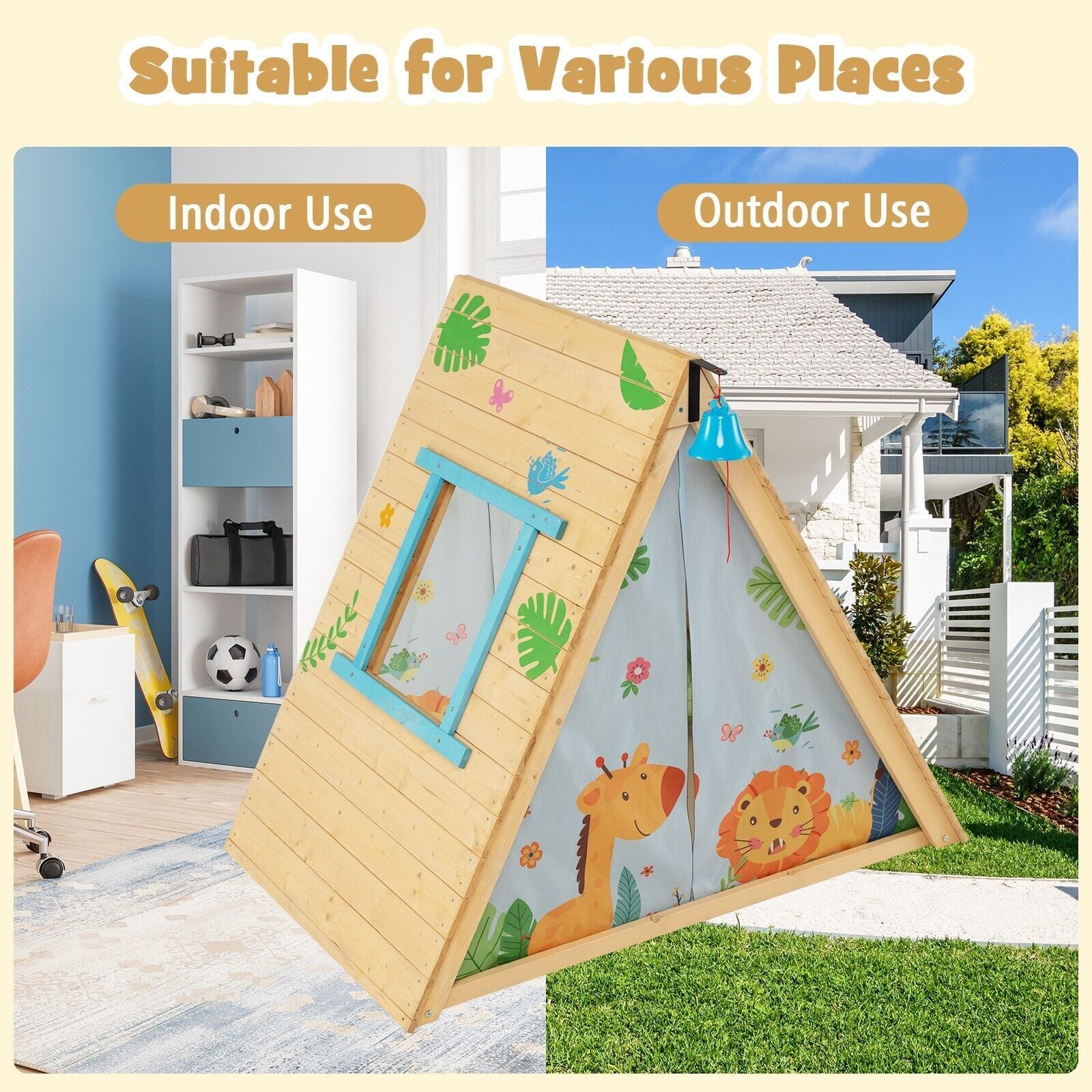 2-in-1 Wooden Kids Climbing Playhouse with Bell, Window & Curtains | Indoor & Outdoor Play Tent for Ages 3-8