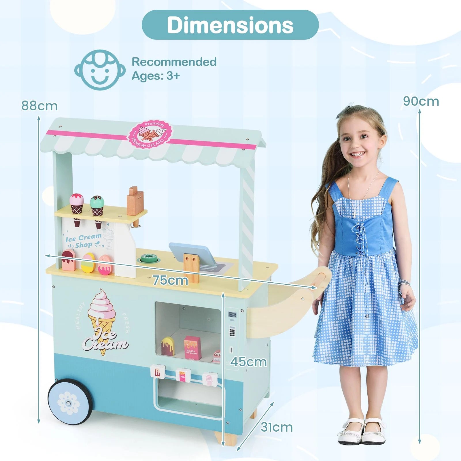 Wooden Kids Ice Cream Cart Pretend Play Set | Toddler Ice Cream Truck with Vending Machine & Accessories | Montessori Role Play Toy Ages 3+