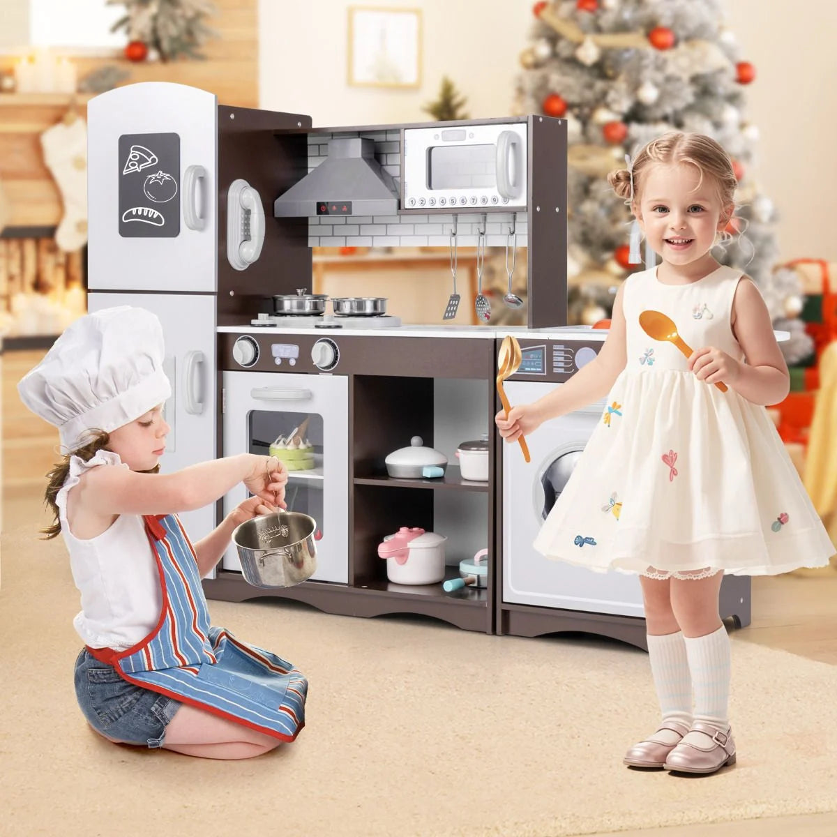 Deluxe Kids Wooden Kitchen Playset with Realistic Lights, Sounds & Ice Maker | Modern Pretend Cooking Station for Ages 3+