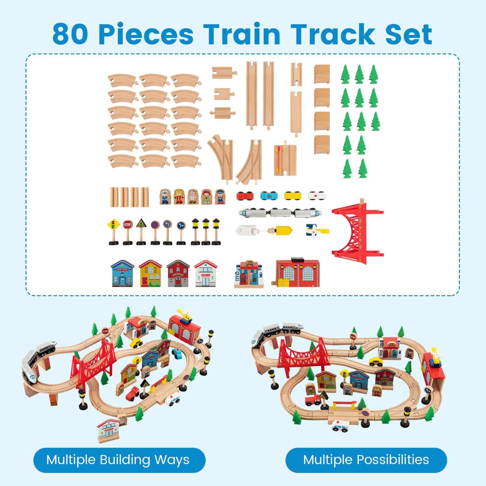 80-Piece Wooden Train Table Playset with Reversible Tabletop | Kids Railway Activity Table with Tracks, Trains & Accessories