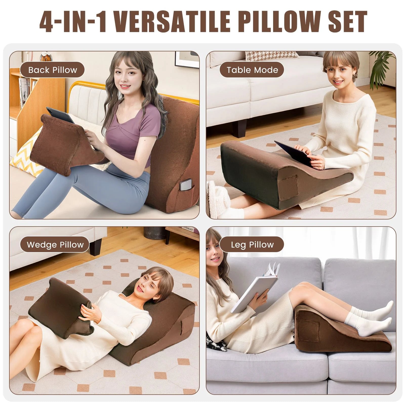 Wedge Pillow Set with Integrated Tablet Stand and Side Pockets