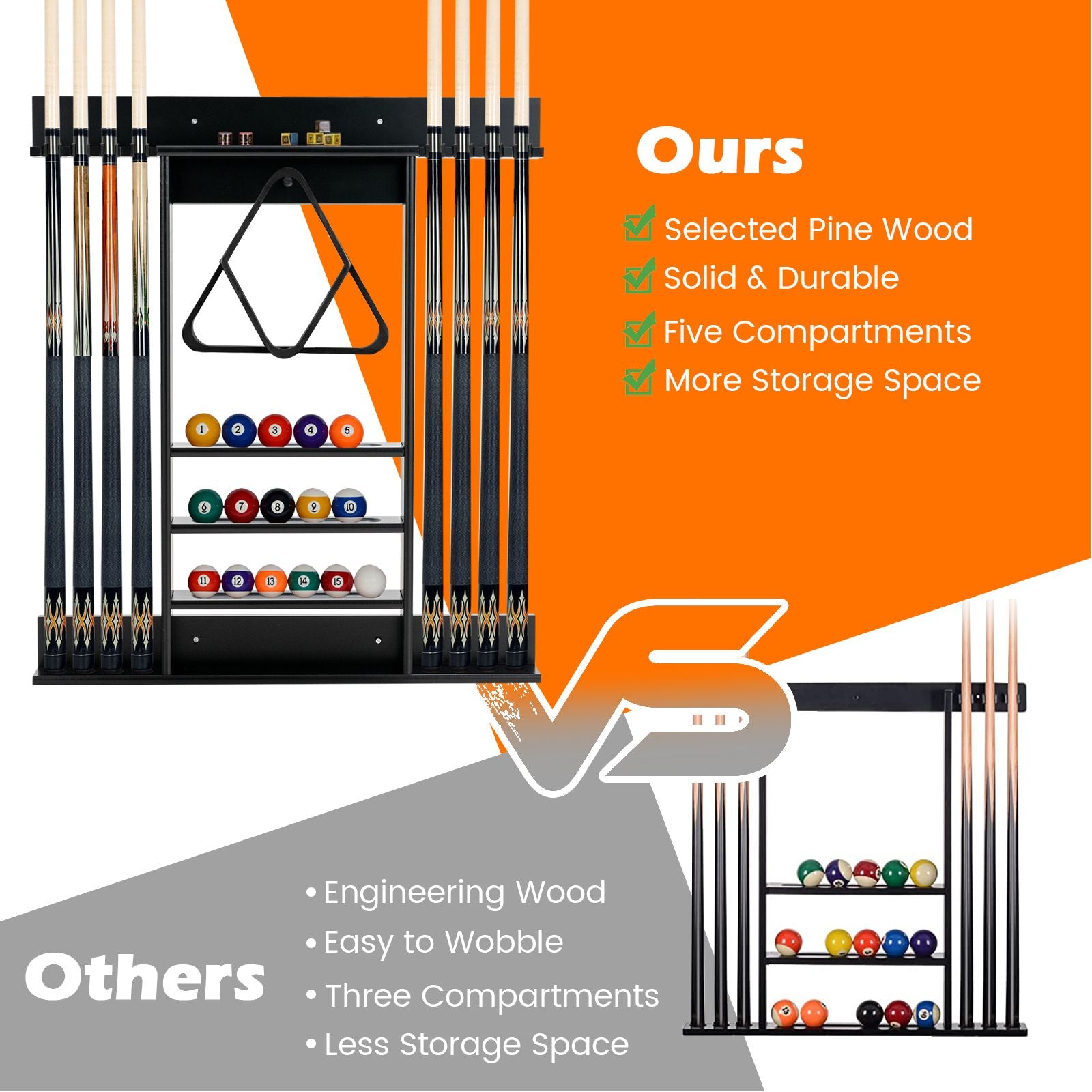 Wall-Mounted Billiard Cue Rack for Pool Sticks