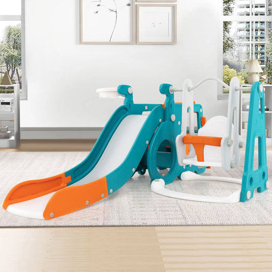 5-in-1 Kids Slide & Swing Playset with Basketball Hoop, Mini Bus Tunnel & Foldable Slide | Indoor & Outdoor Toddler Activity Center