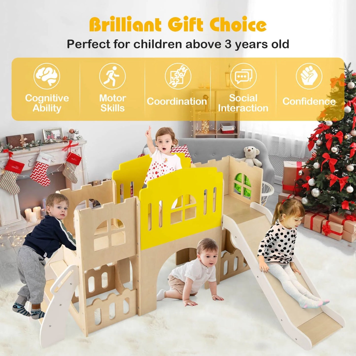 7-in-1 Wooden Playground Slide Set for Toddlers with Ladder and Extended Aisle