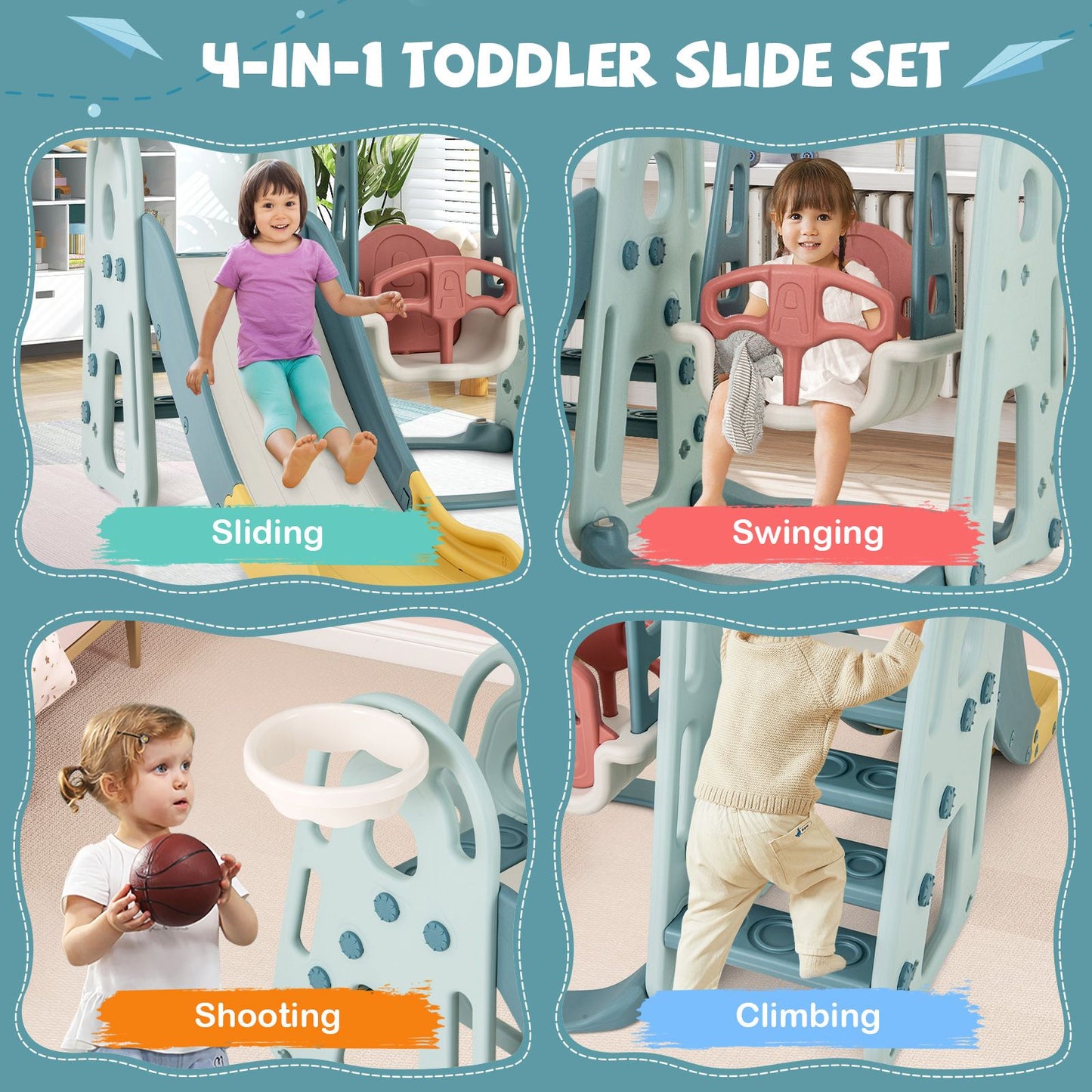 4-in-1 Freestanding Kids Slide and Swing Playset
