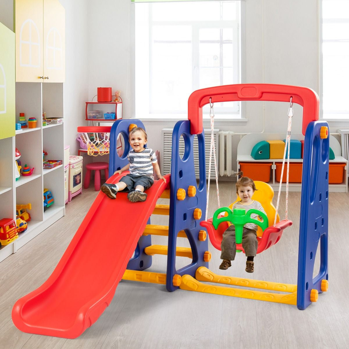 Toddler Slide, Swing, and Basketball Hoop Playset - 3-in-1 Activity Center