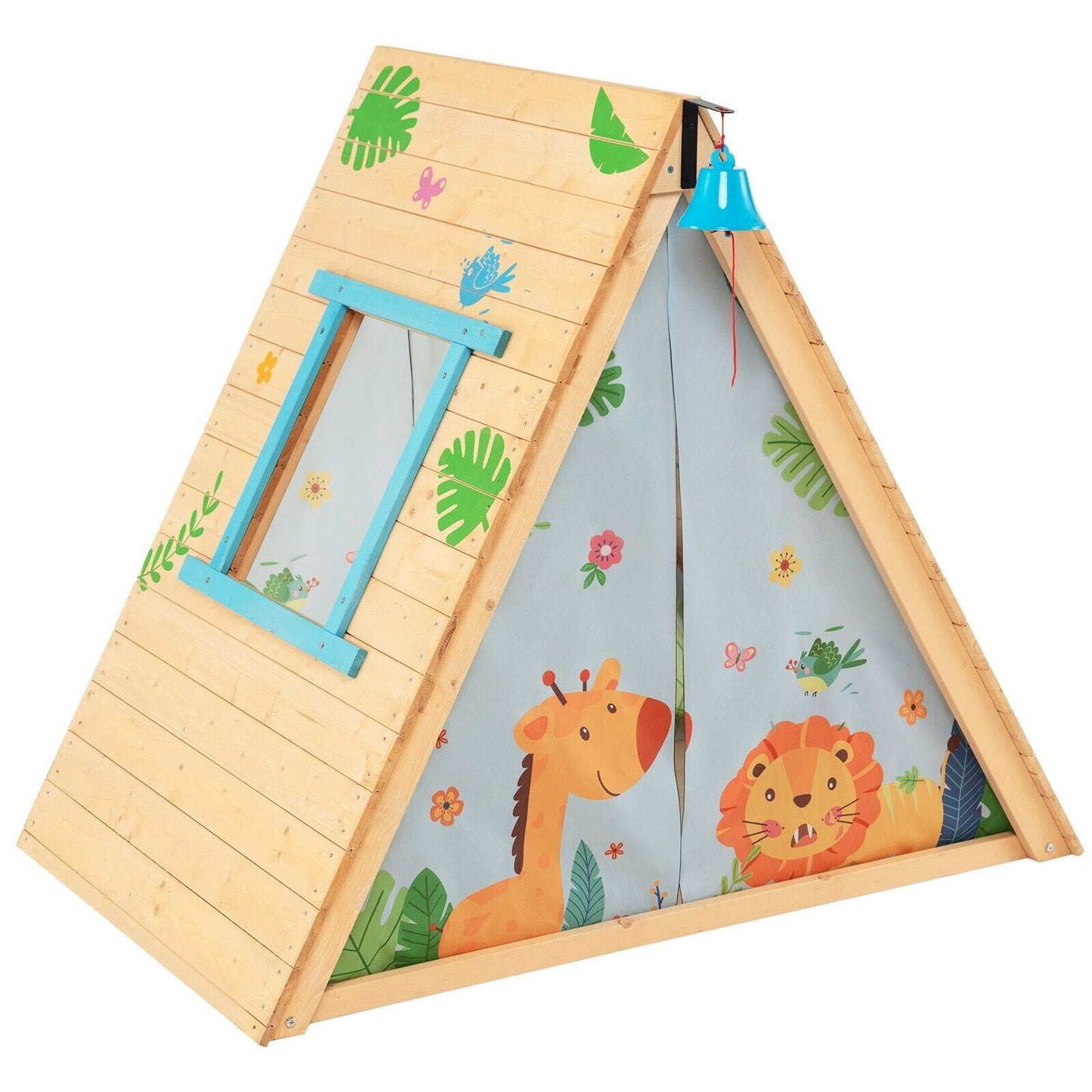 2-in-1 Wooden Kids Climbing Playhouse with Bell, Window & Curtains | Indoor & Outdoor Play Tent for Ages 3-8
