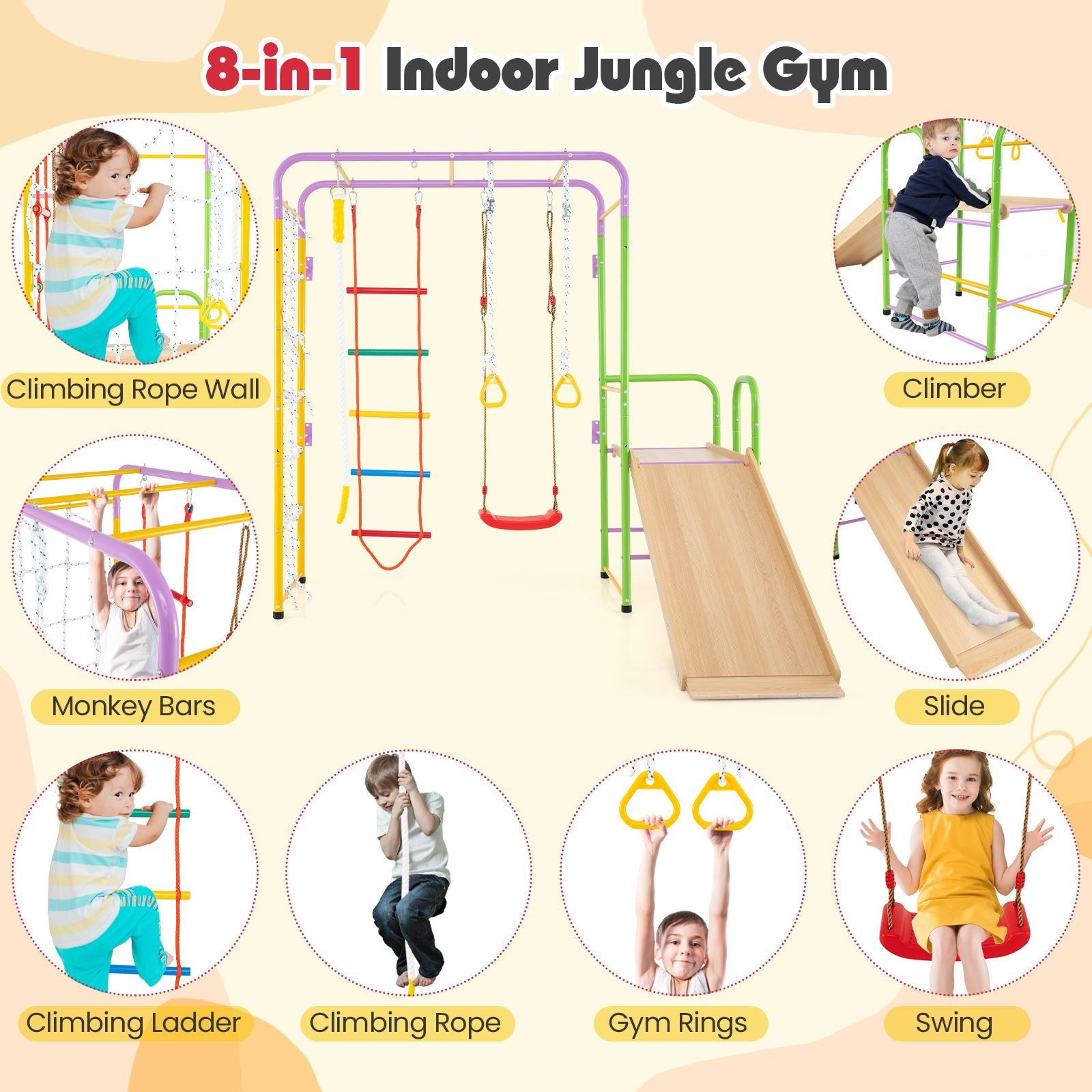 Metal Indoor Jungle Gym: 8-in-1 Climbing Playset for Children Aged 3 and Up