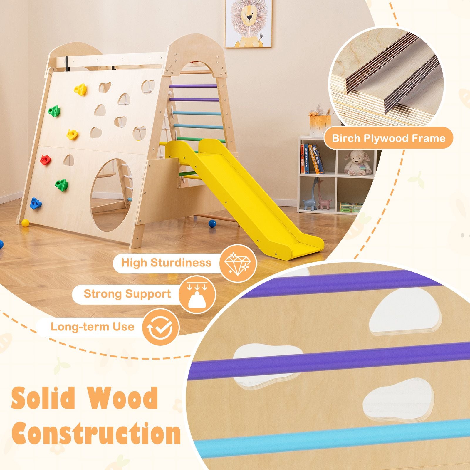 8-In-1 Indoor Jungle Gym Wooden Playground with Climbing Wall