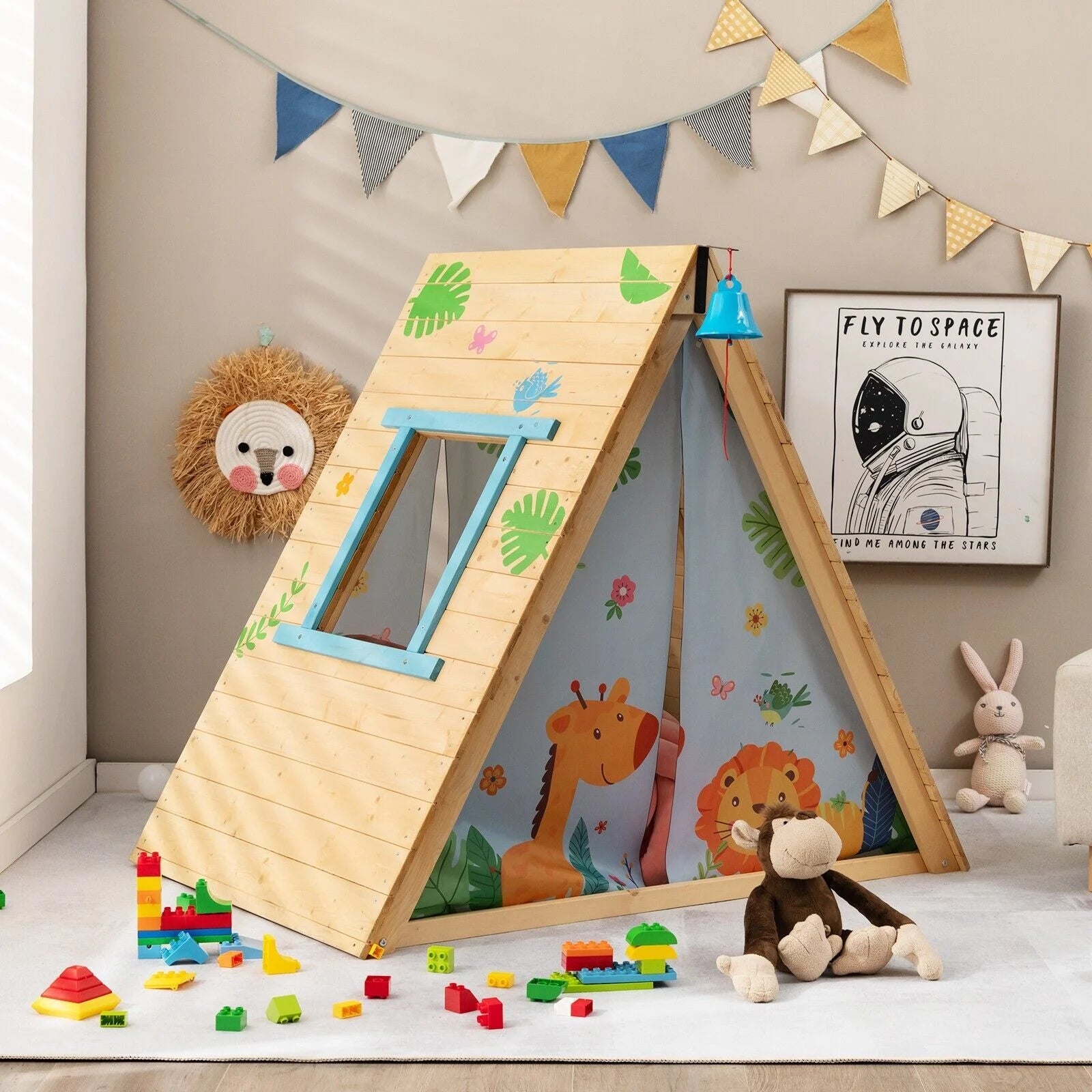2-in-1 Wooden Kids Climbing Playhouse with Bell, Window & Curtains | Indoor & Outdoor Play Tent for Ages 3-8