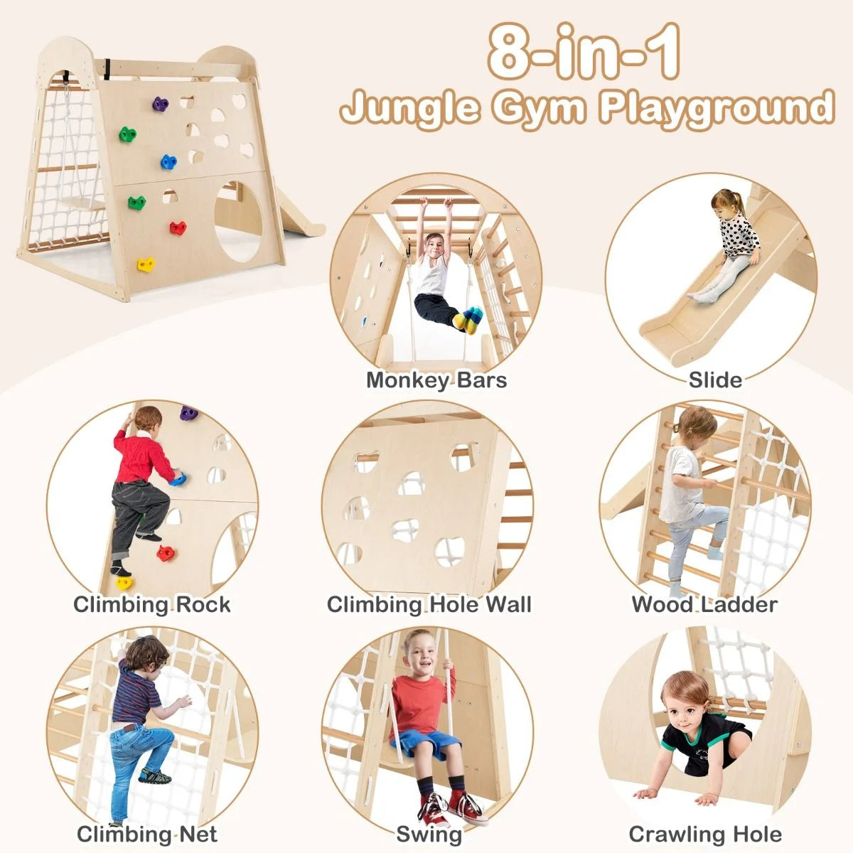 8-In-1 Indoor Jungle Gym Wooden Playground with Climbing Wall
