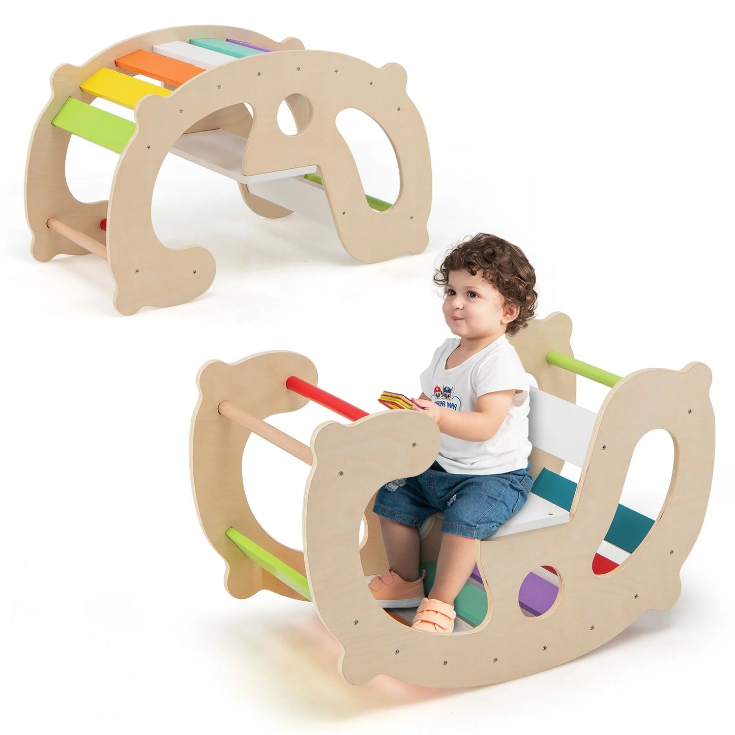 2-in-1 Montessori Wooden Rocking Horse & Climbing Arch for Toddlers | Balance Trainer Rocker | Indoor Play Toy Ages 1+