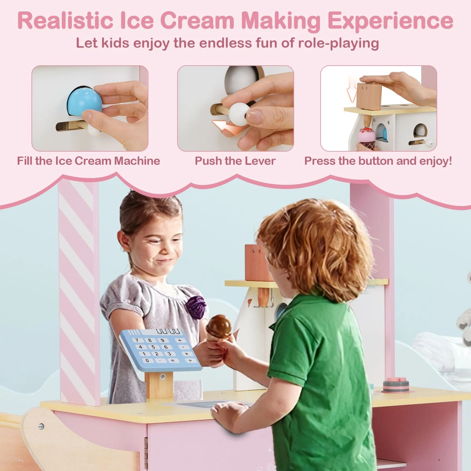 Wooden Kids Ice Cream Cart Pretend Play Set | Toddler Ice Cream Truck with Vending Machine & Accessories | Montessori Role Play Toy Ages 3+