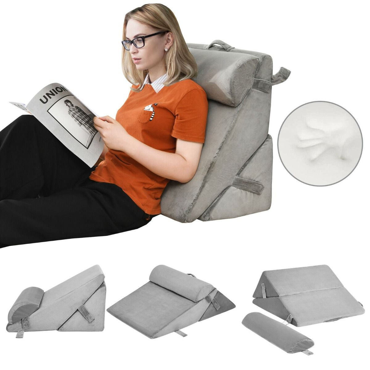 Elevated Bed Wedge Pillow with Integrated Headrest and Removable Washable Cover for Comfortable Reading