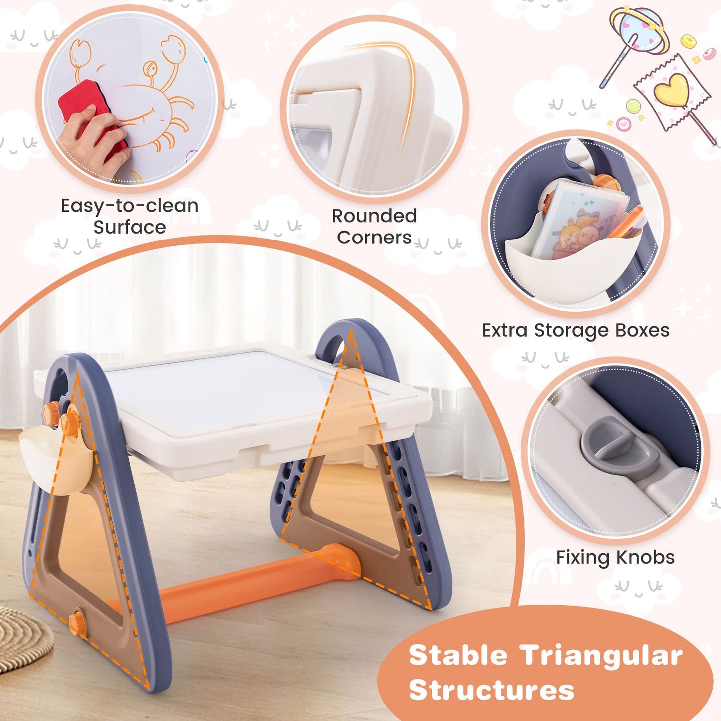 2-in-1 Kids Art Table & Easel with Rotatable & Removable Desktop – Includes Chair, Storage & Building Blocks