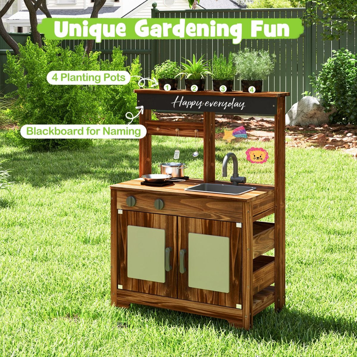 Mud Kitchen Fir Wood Play Kitchen with Planting Pots & Removable Sink