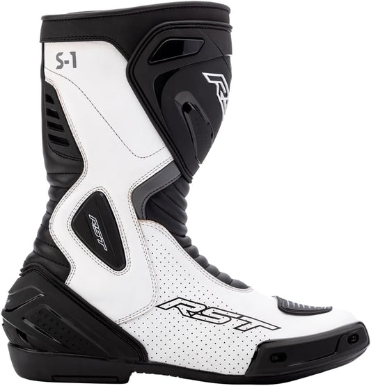 S1 Men's CE Certified Leather Sport Touring Motorcycle Boots - Size 8 UK, Black/White