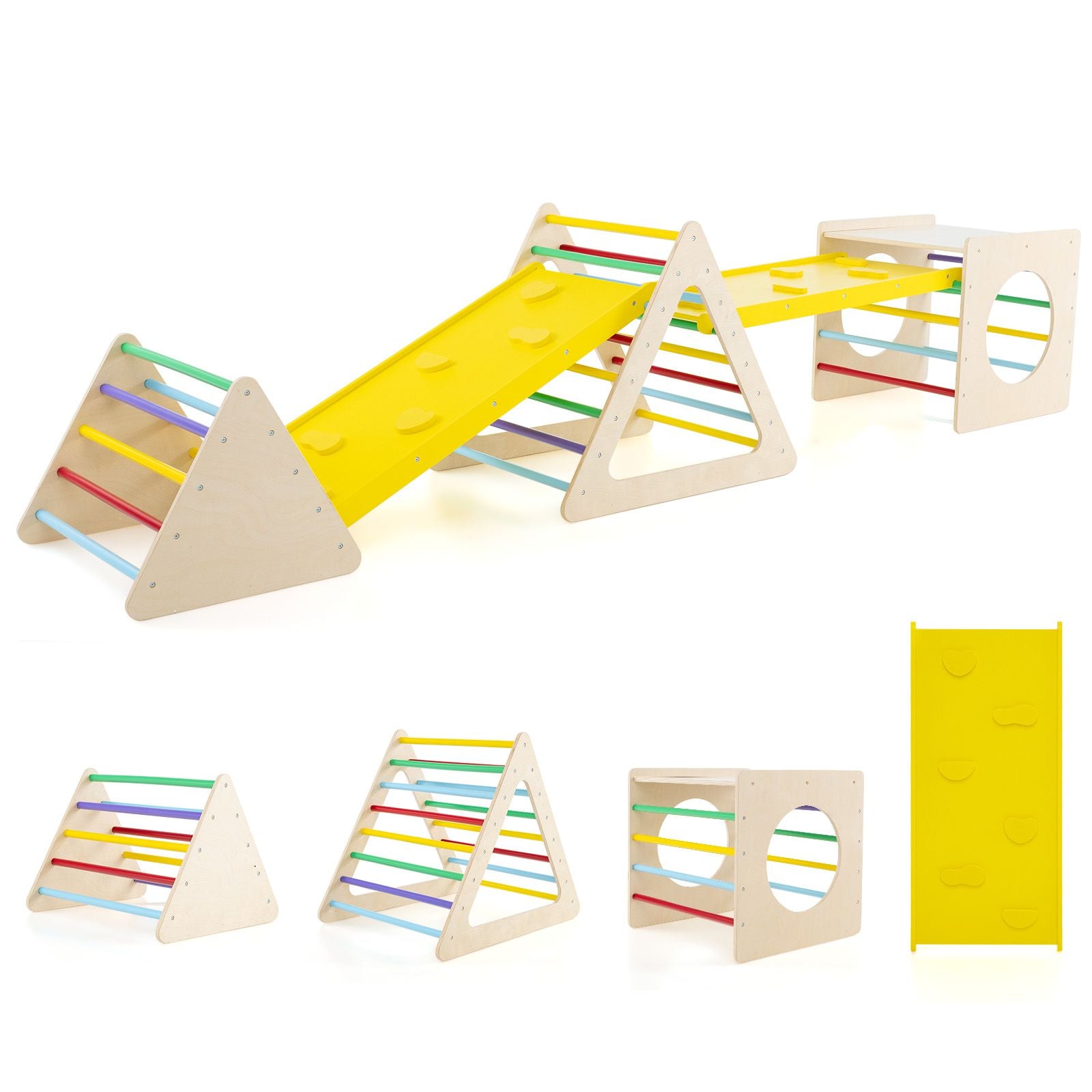 6-in-1 Wooden Toddler Climbing Set | Montessori Triangle Climber, Cube & Slide for Indoor Play