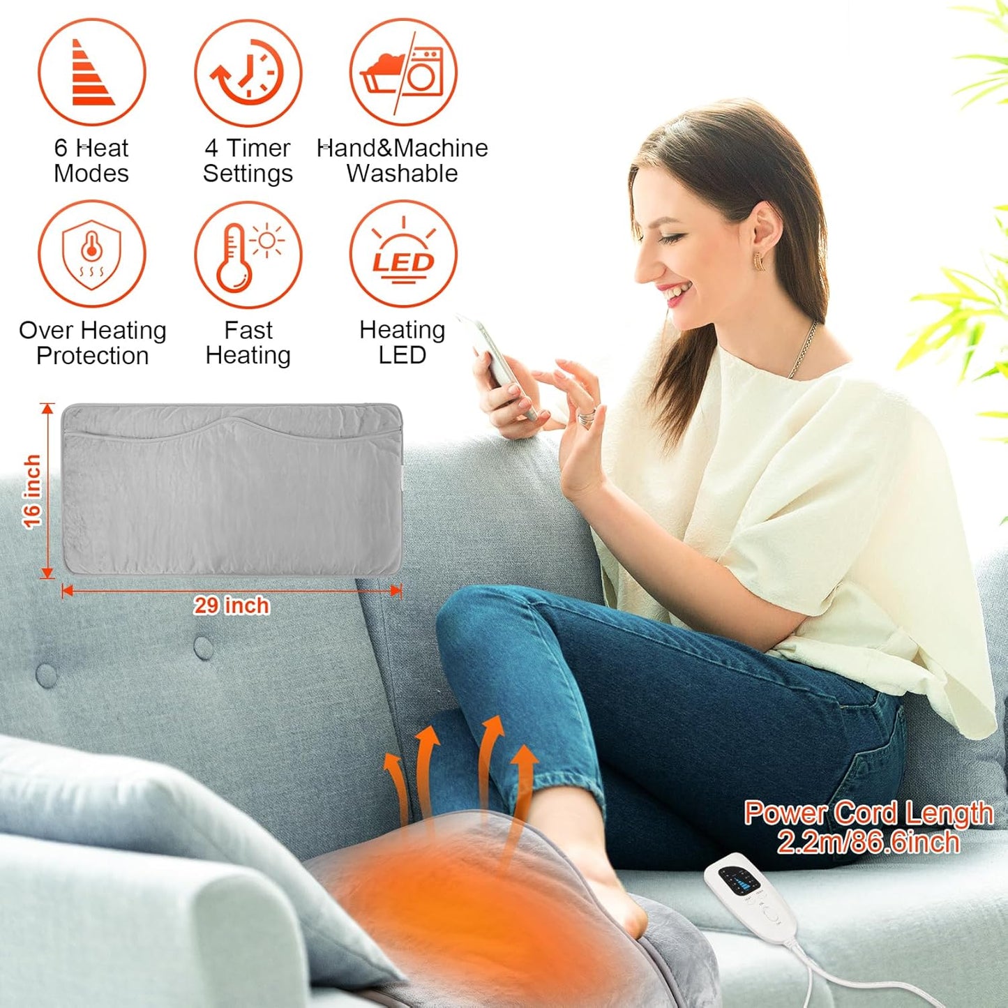 Electric Heated Foot Warmer, 74X40Cm Fast Heating Foot Warmer Pad, Washable Feet Warmer with 6 Levels Temp & 4 Timers, Fast Heating Pad for Back Pain Relief, Hands, Shoulders, Abdomen