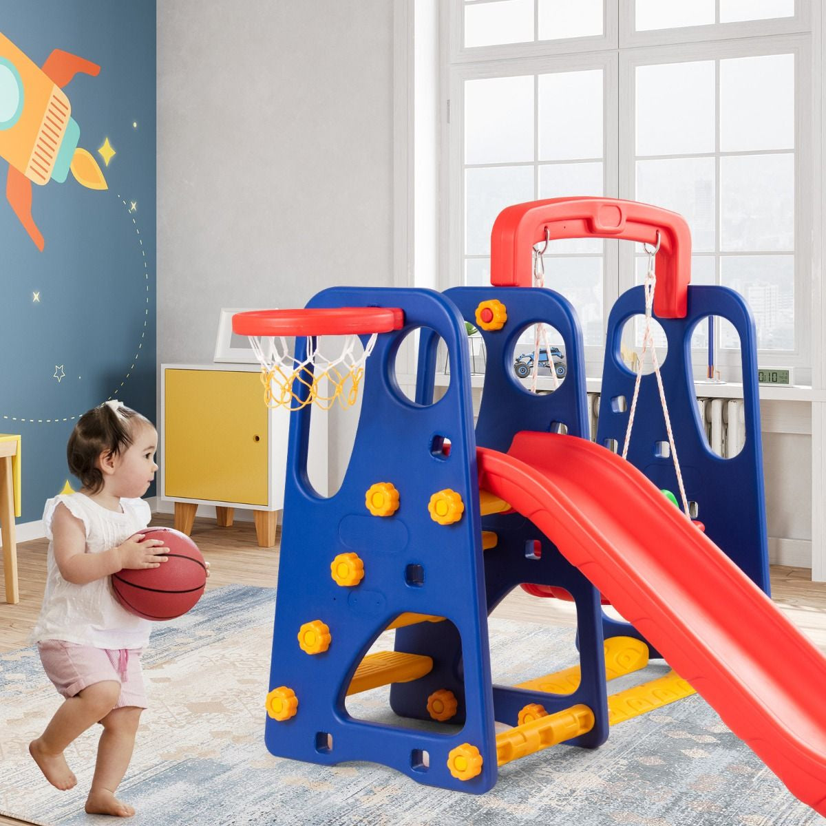 Toddler Slide, Swing, and Basketball Hoop Playset - 3-in-1 Activity Center