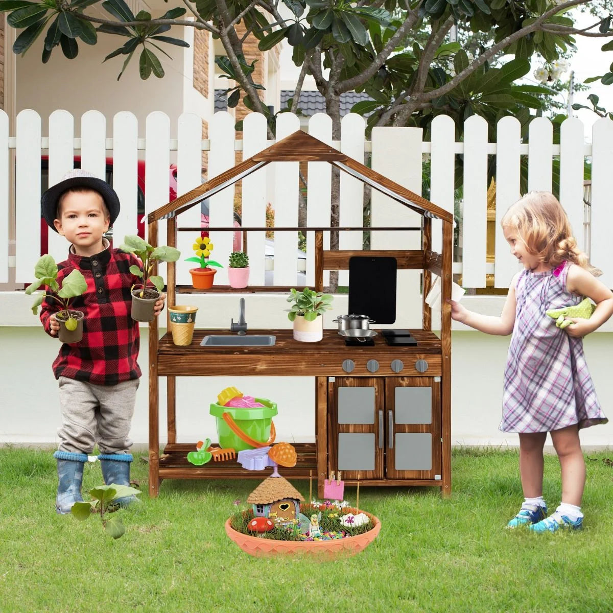 Outdoor Wooden Mud Kitchen with Canopy & Rotatable Faucet | Kids Play Kitchen with Sink, Chalkboard & Accessories
