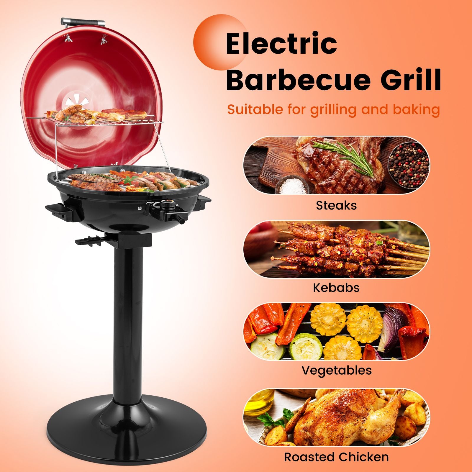 Electric Barbecue Grill with Detachable Non-Stick Cooking Rack