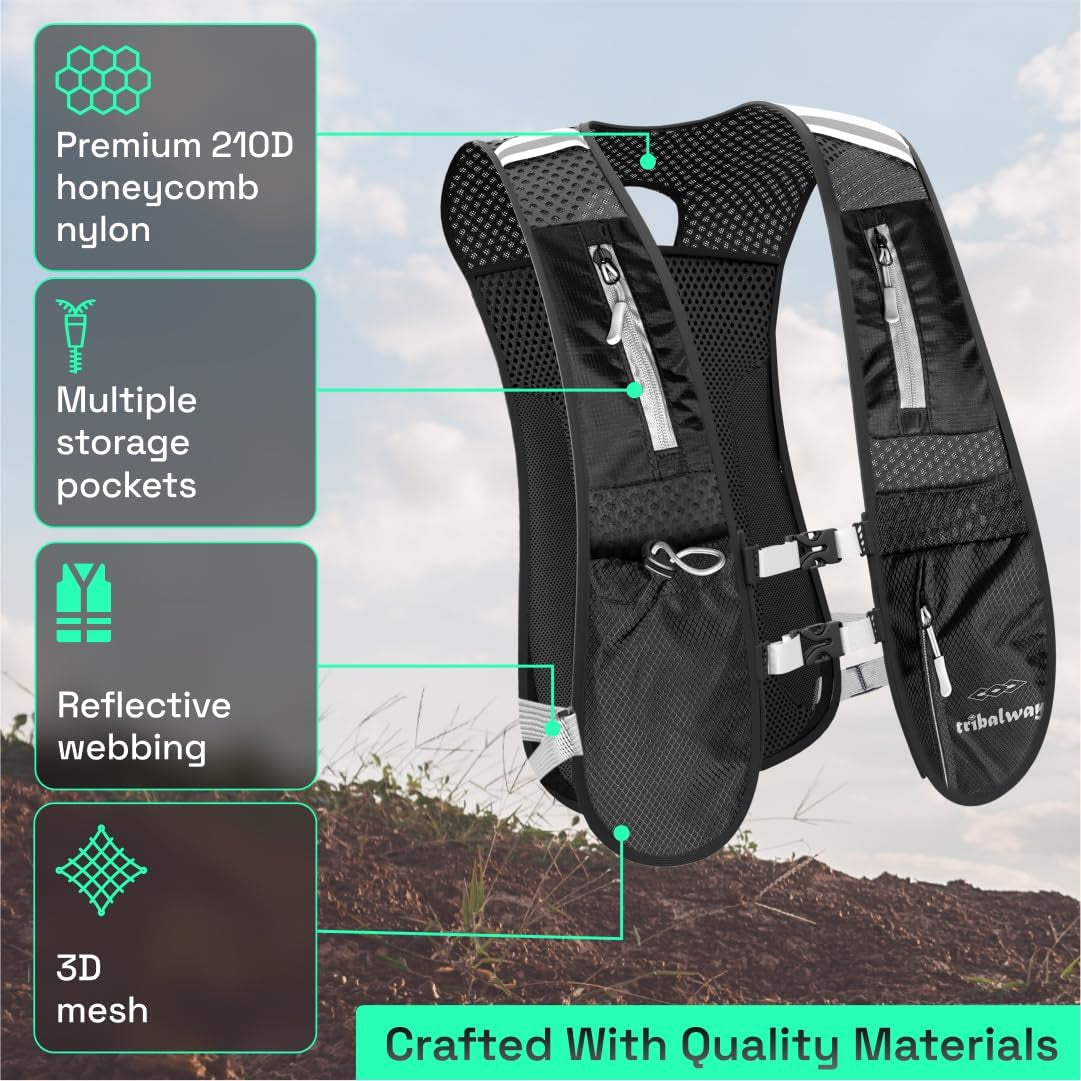 Lightweight Running Vest with 1.5L Water Bladder – Breathable Reflective Hydration Backpack with Phone Holder for Men & Women | Ideal for Running, Hiking & Cycling – Black