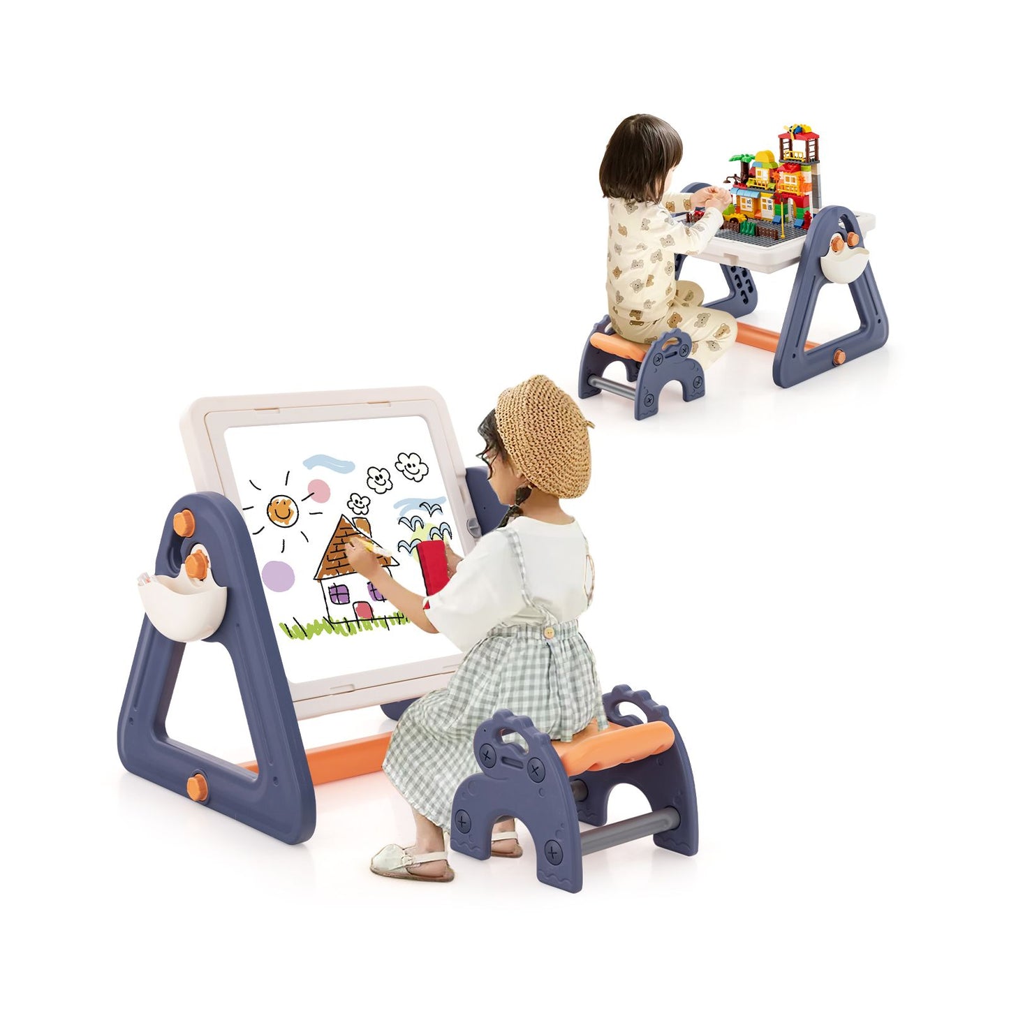 2-in-1 Kids Art Table & Easel with Rotatable & Removable Desktop – Includes Chair, Storage & Building Blocks