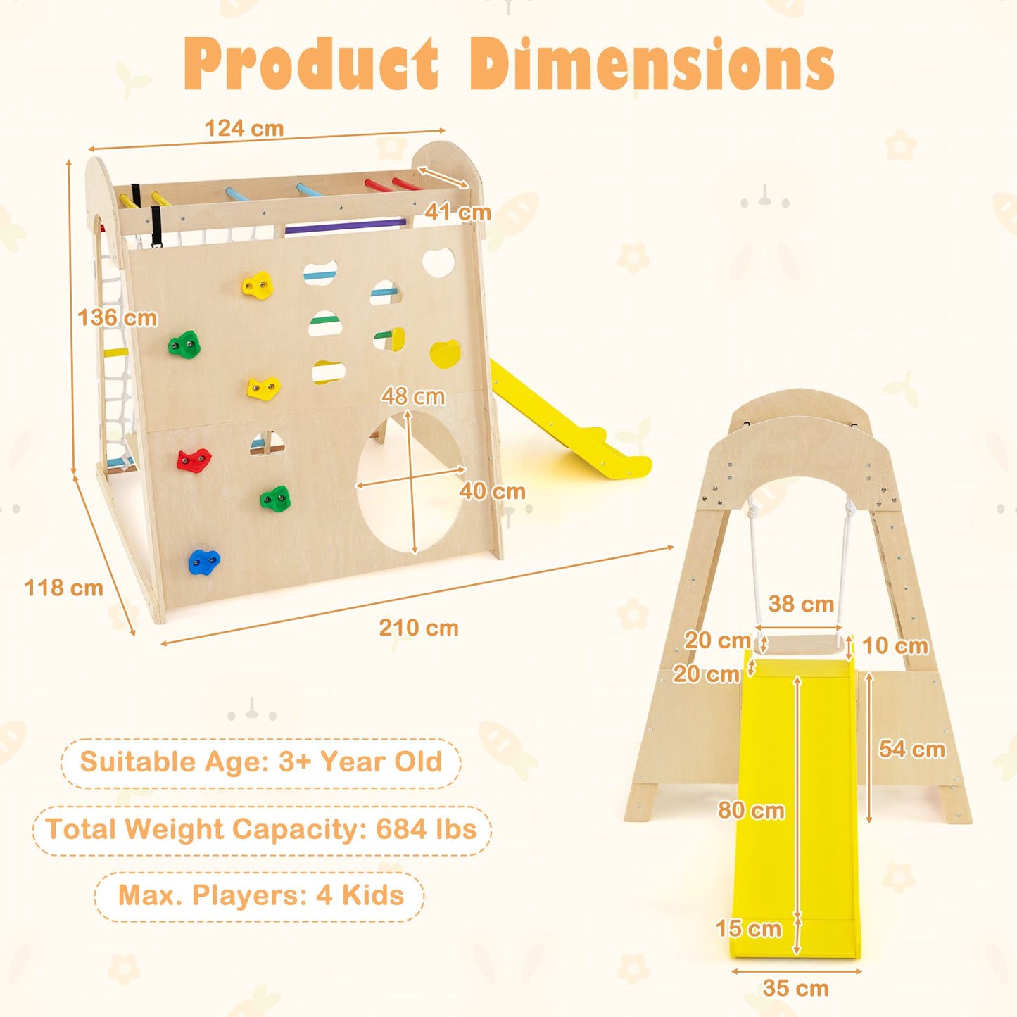 8-In-1 Indoor Jungle Gym Wooden Playground with Climbing Wall