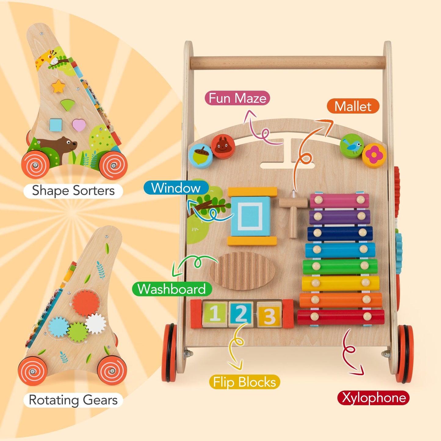 Wooden Baby Walker with Activity Center, Xylophone & Shape Sorters | Montessori Push Walker with Storage