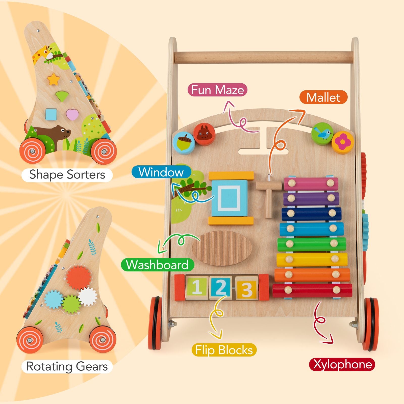 Wooden Baby Walker with Activity Center, Xylophone & Shape Sorters | Montessori Push Walker with Storage