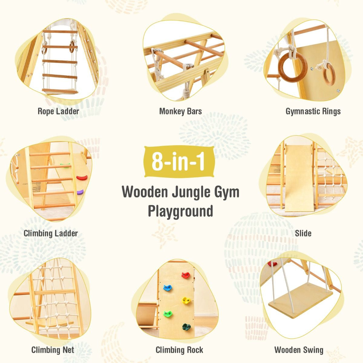 8-in-1 Wooden Jungle Gym Climber Playset with Slide, Swing & Monkey Bars | Indoor Kids Play Tower