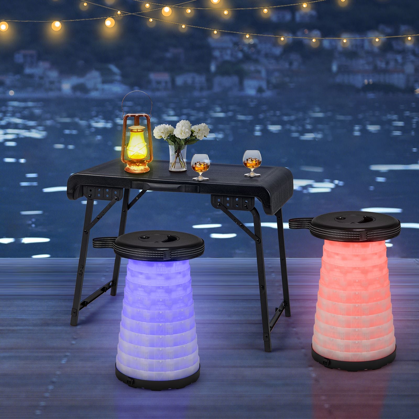3-Piece Portable Folding Table and Stool Set with Retractable LED Lighting