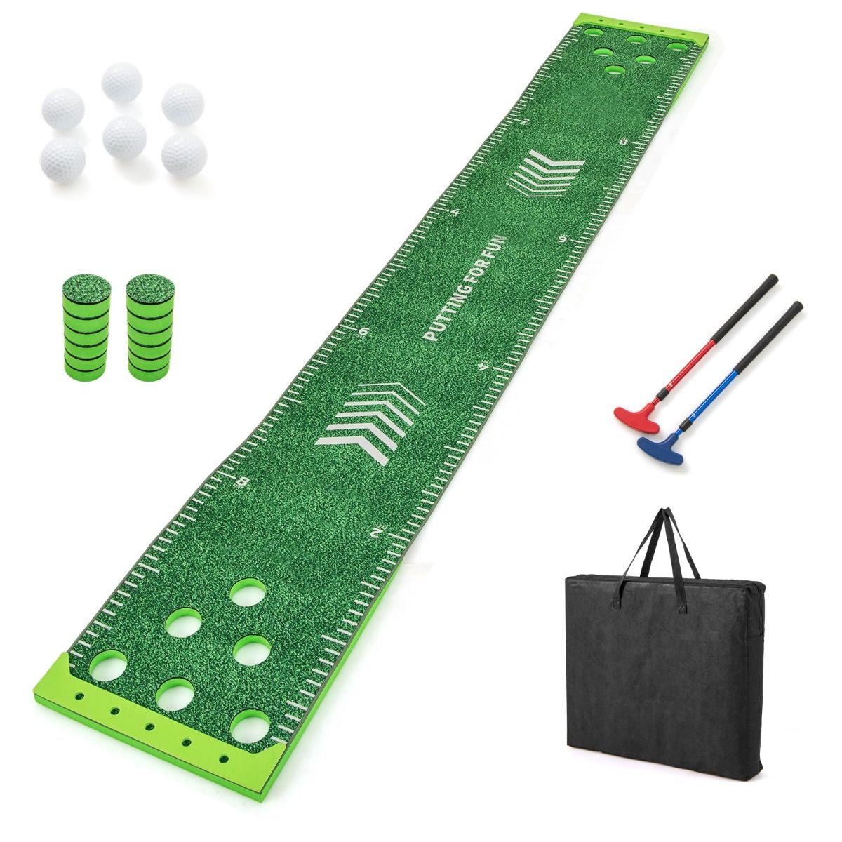 11-Foot Indoor Putting Green Mat with Adjustable Putters, Golf Balls, and Hole Covers for Events