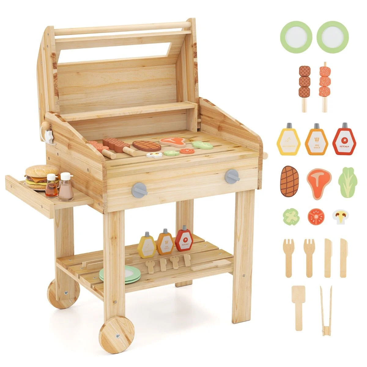 Wooden Barbecue Grill Toy Set with Play Food & Grilling Tools for Kids | Pretend Play Outdoor BBQ Kitchen