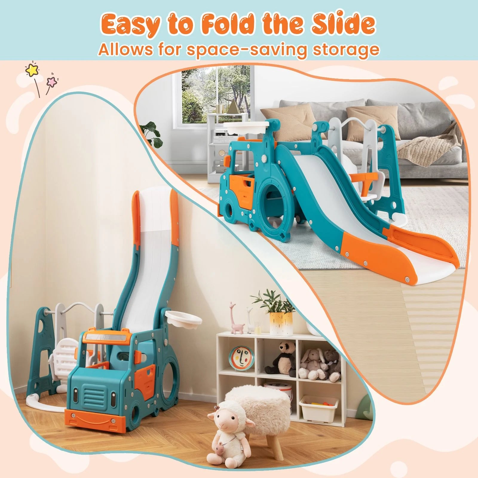 5-in-1 Kids Slide & Swing Playset with Basketball Hoop, Mini Bus Tunnel & Foldable Slide | Indoor & Outdoor Toddler Activity Center