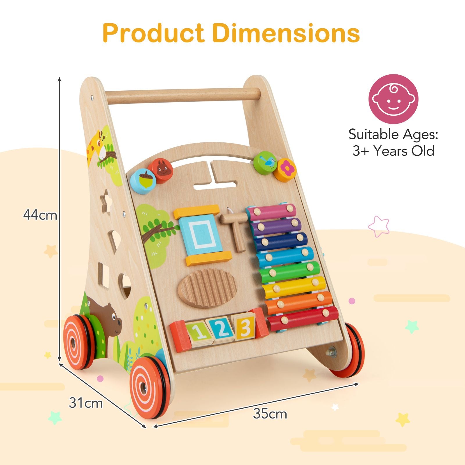 Wooden Baby Walker with Activity Center, Xylophone & Shape Sorters | Montessori Push Walker with Storage