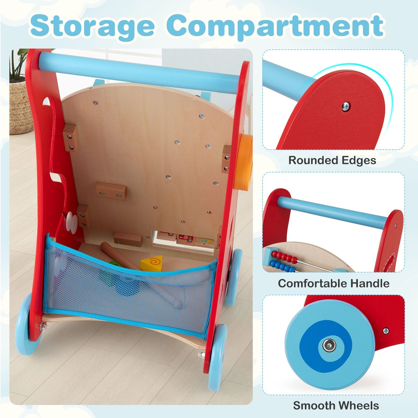 Wooden Baby Walker with Activity Center, Mirror & Xylophone | Montessori Learning Push Toy for Toddlers