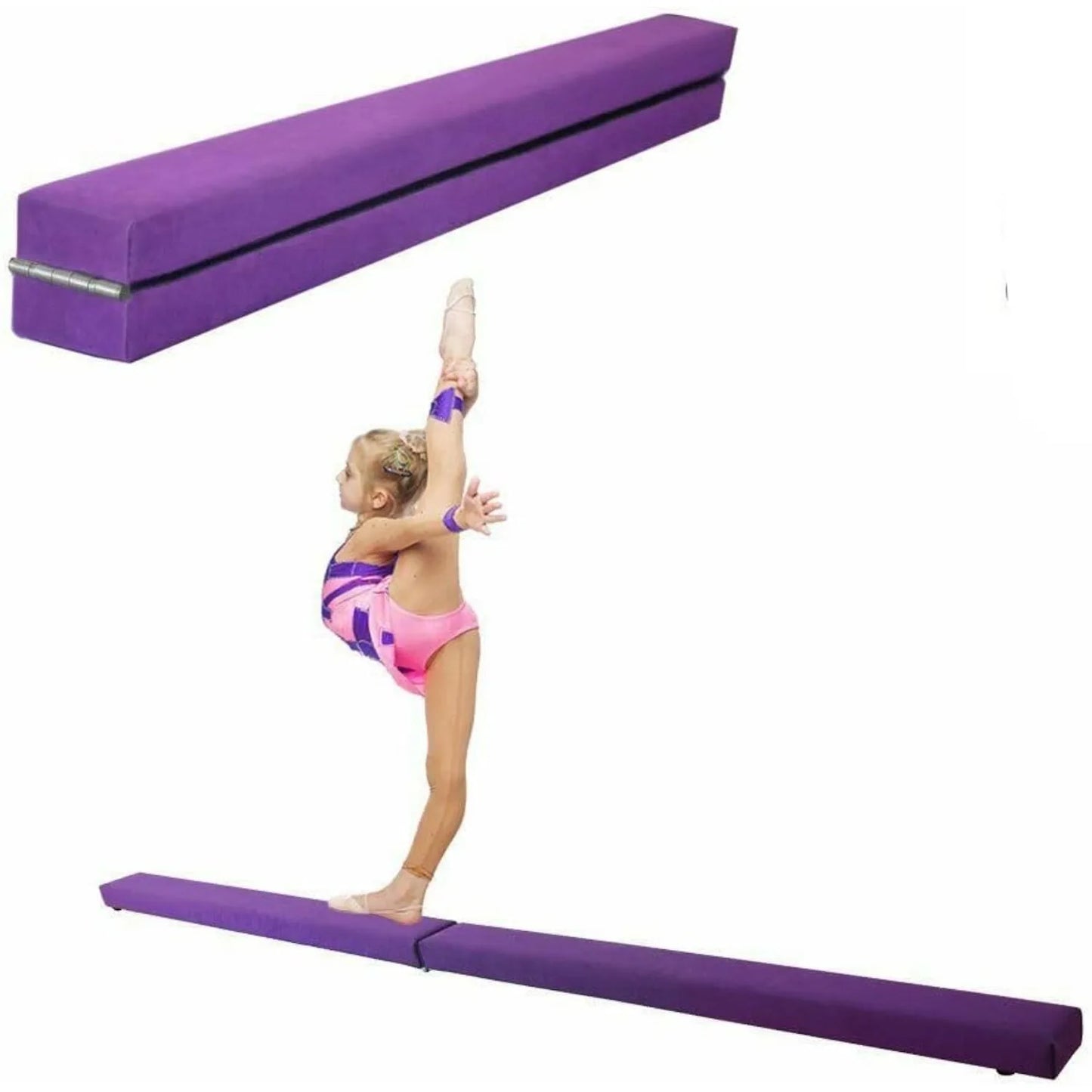 Folding Gymnastics Balance Beam 7FT Kids Training Beam Faux Suede for Home Gym Exercise