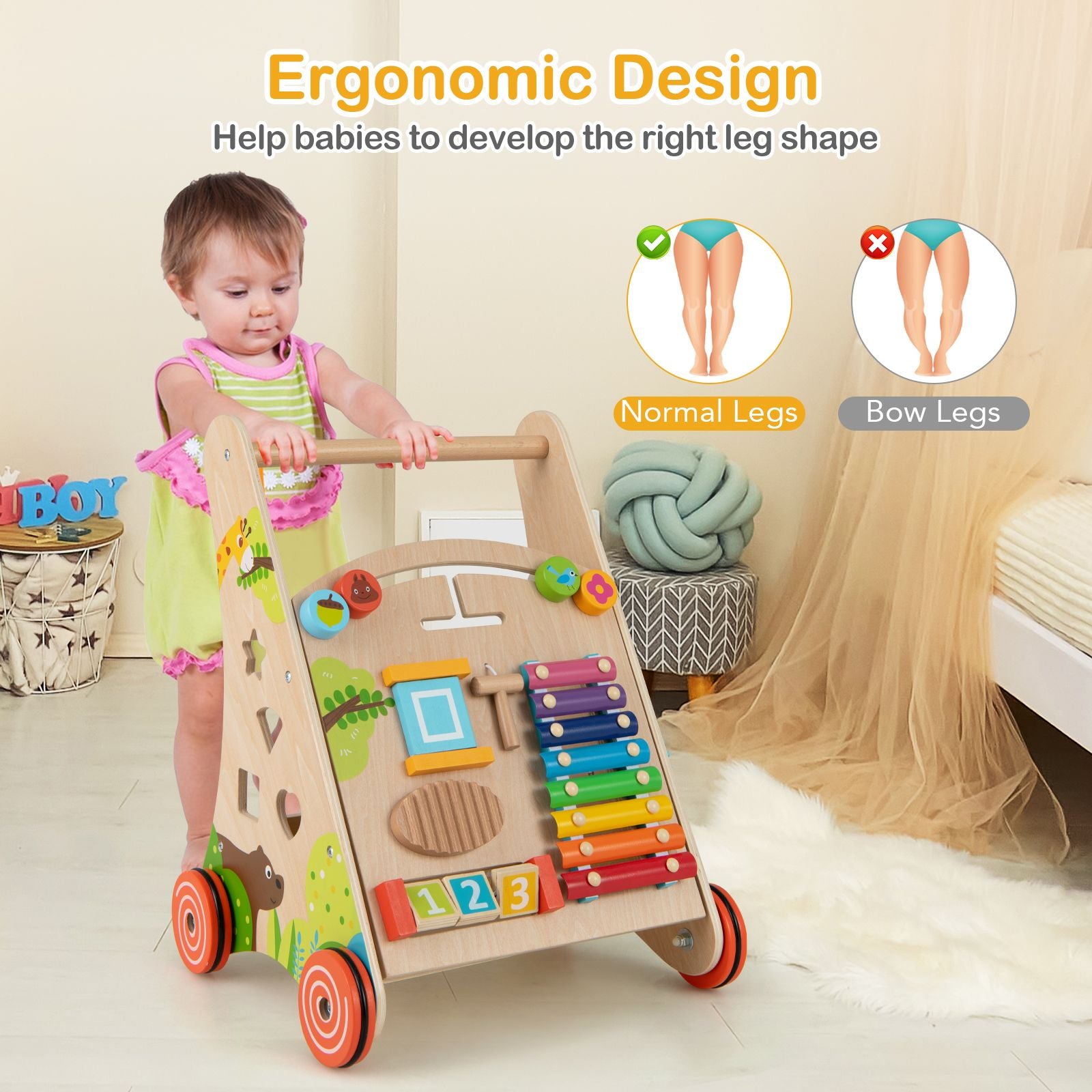 Wooden Baby Walker with Activity Center, Xylophone & Shape Sorters | Montessori Push Walker with Storage
