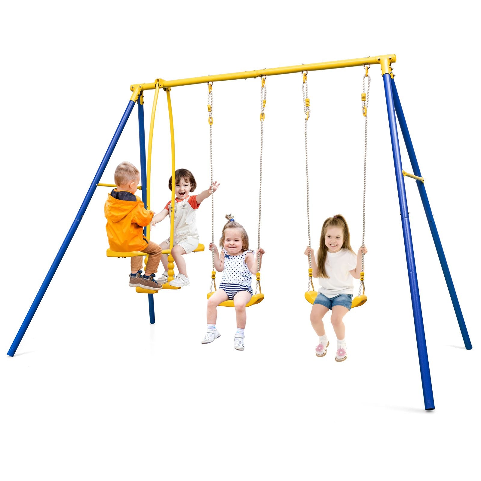 Heavy-Duty Kids Outdoor Swing & Glider Playset – 4-Seat Metal Frame Swing Set for Children Aged 3–12 | Adjustable Swings, Double Glider, Ground Stakes Included