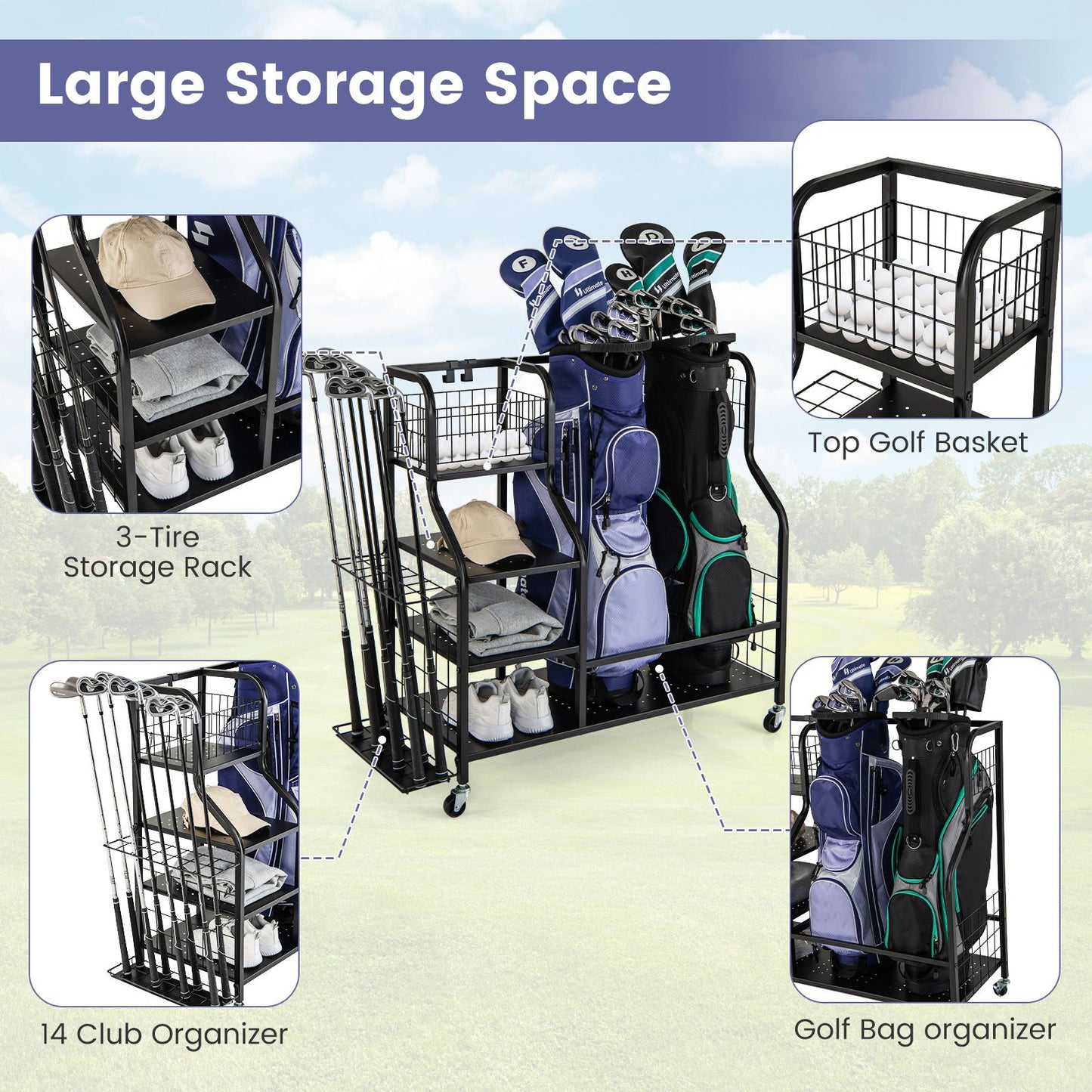 5-in-1 Golf Bag Storage Organizer with Integrated Storage Basket