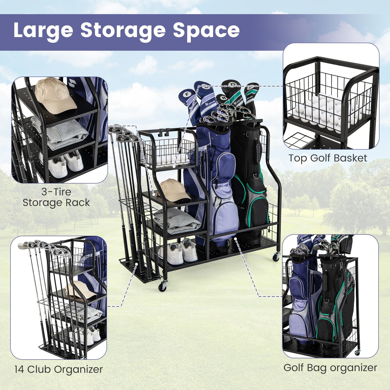 5-in-1 Golf Bag Storage Organizer with Integrated Storage Basket