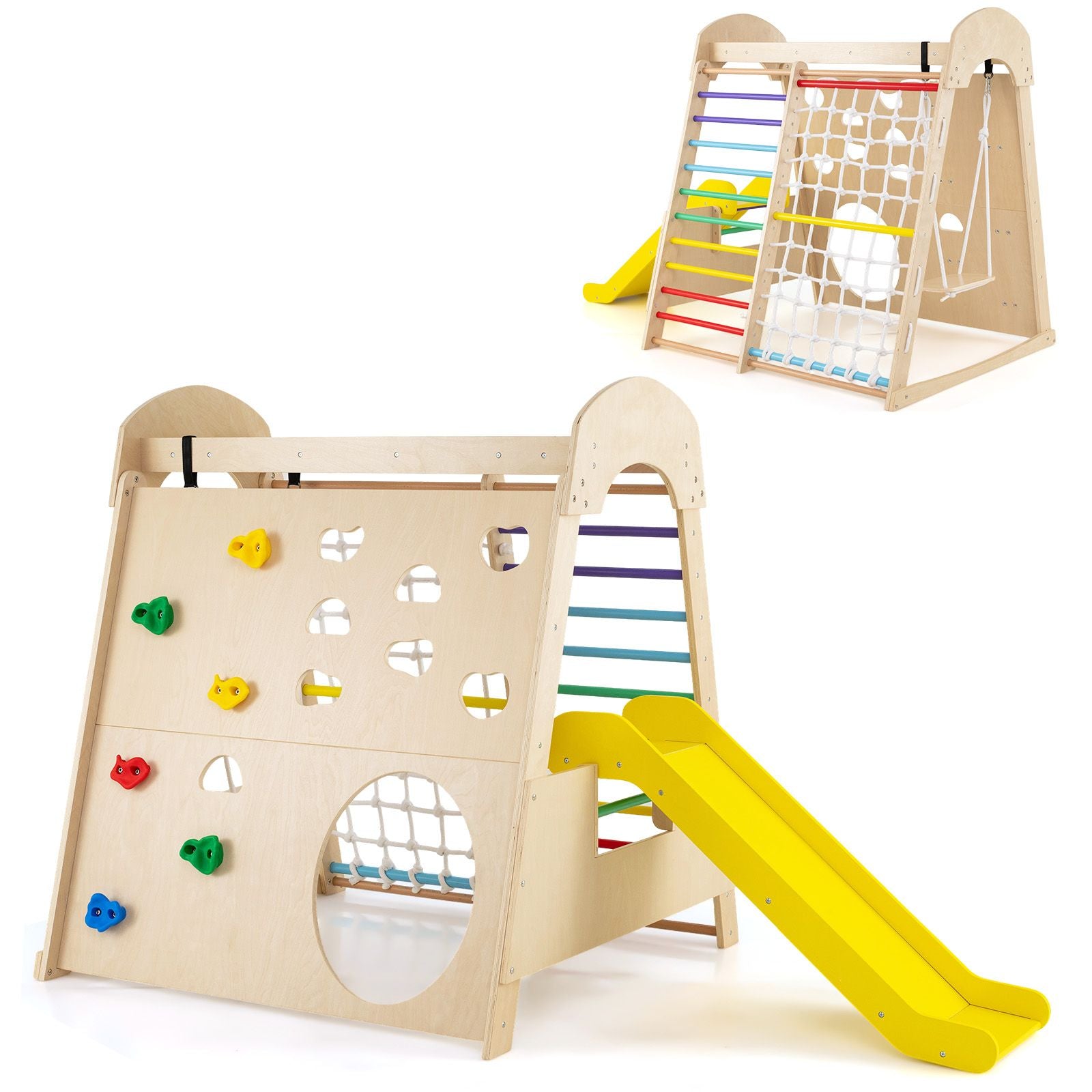 8-In-1 Indoor Jungle Gym Wooden Playground with Climbing Wall