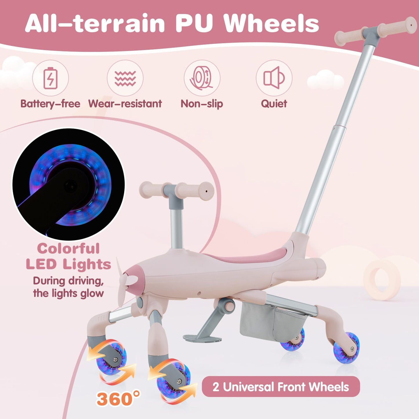 2-in-1 Kids Ride-On Push Car with LED Wheels & Adjustable Handle | Toddler Push Toy Plane for 18–60 Months